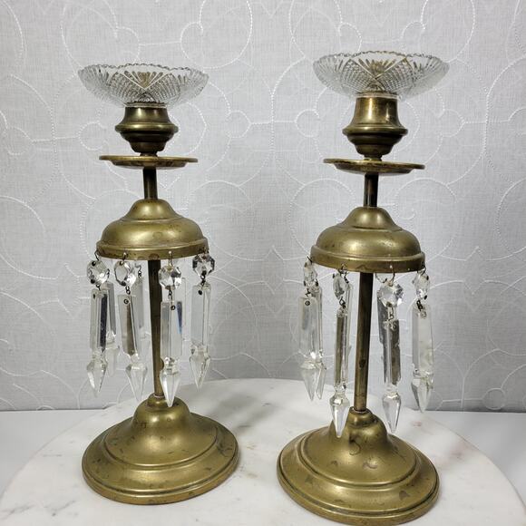 Antique Brass Girandole Candlesticks 11" Gold 8 Clear Hanging Crystals Set of 2 - Picture 1 of 16
